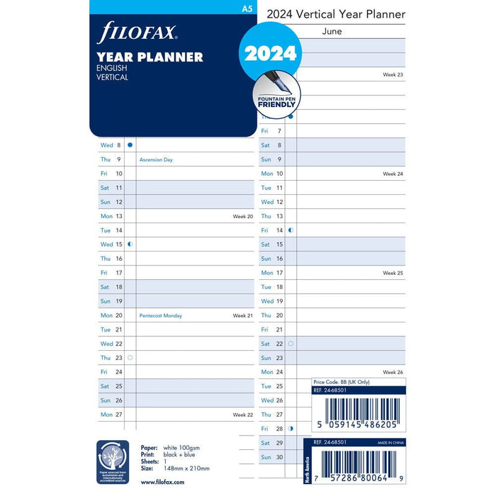 Filofax 2024 Refill Year Planner Vertical A5 (148mm x 210mm) CXF24-68501