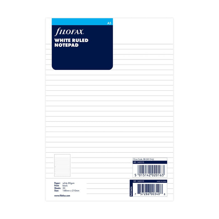 Filofax A5 White Lined Notepad Refill 50 Sheets CXF342210