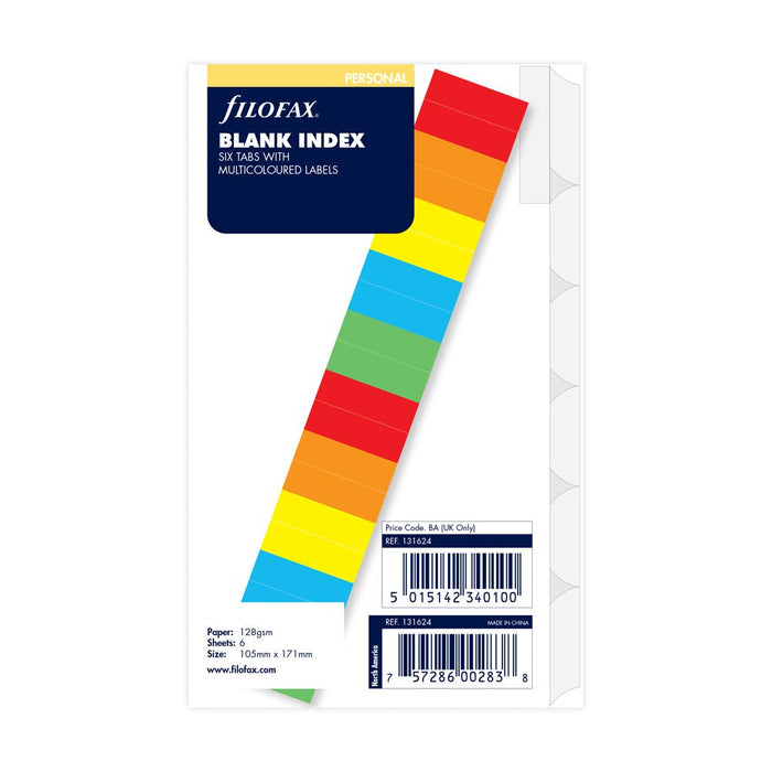 Filofax Personal Blank Index with Multi Coloured Labels Refill CXF131624