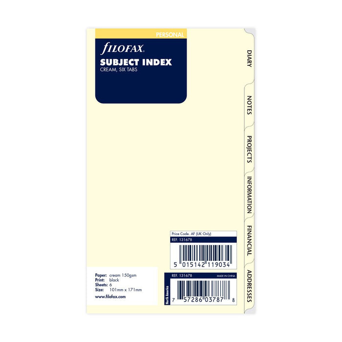 Filofax Personal Subject Index 6 Tab Refill CXF131678