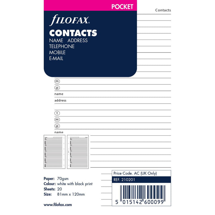 Filofax Pocket Name/Address/Phone Refill CXF210201