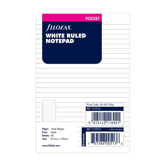 Filofax Pocket White Lined Notepad Refill 40 Sheets CXF212210