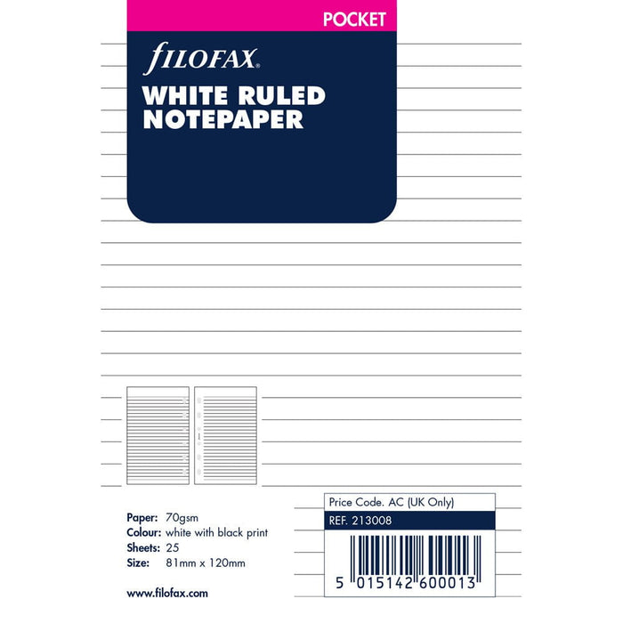 Filofax Pocket White Lined Notepaper Refill 25 Sheets CXF213008