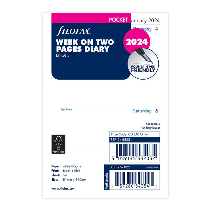 Filofax Refill Classic Week To View Pocket 2024 CXF24-68221