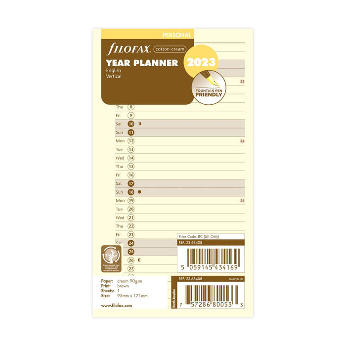 Filofax Refill Vertical Year Planner Personal Cotton Cream CXF22-68408