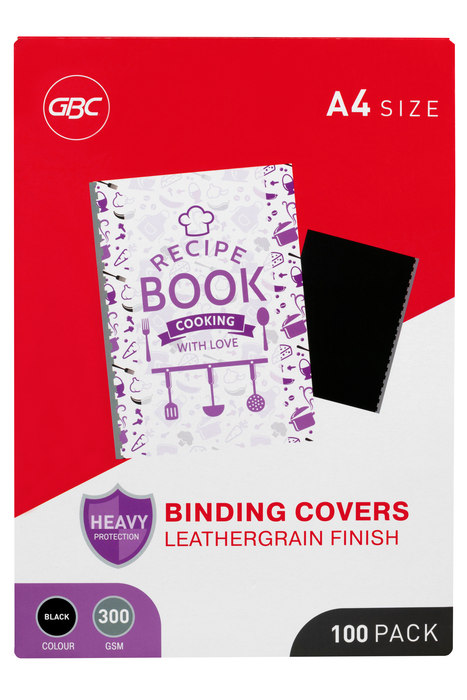 GBC A4 Leathergrain Binding Cover, 300gsm, Black, Pack of 100 AOBCL300BK100