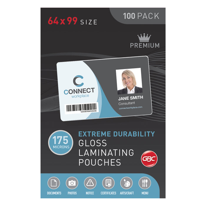 GBC Laminating Pouch, 64mm x 99mm, 175 Micron, Pack of 100's AOBL175M64X99