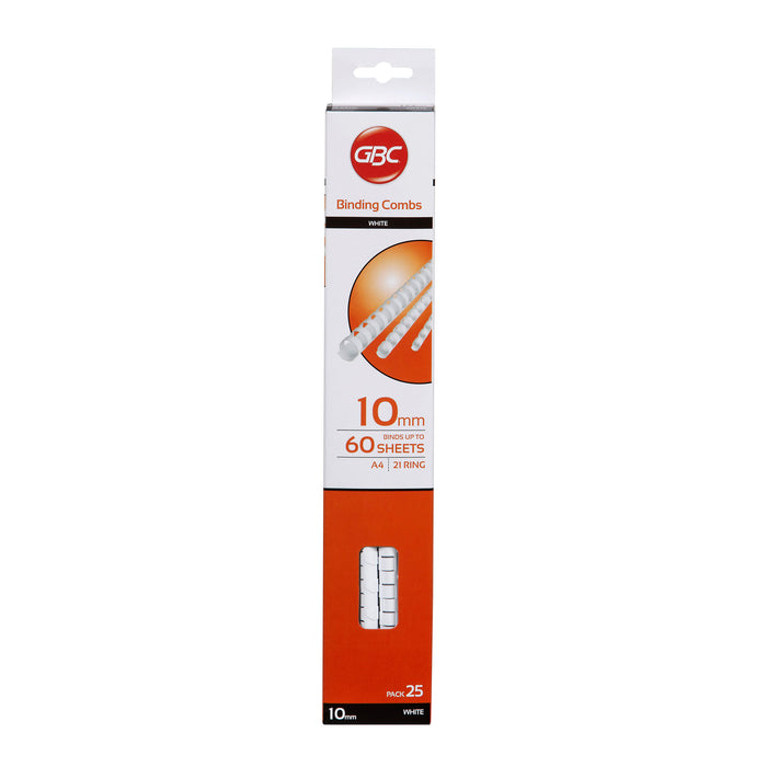 GBC Plastic Binding Comb 10mm, White, 21 Loop, Pack of 25 AOBEP10W25