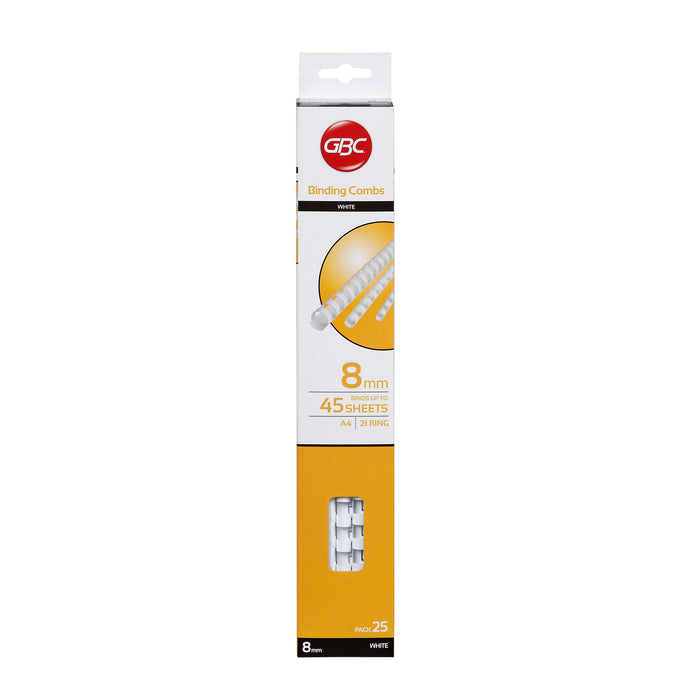 GBC Plastic Binding Comb 8mm, White, 21 Loop, Pack of 25 AOBEP8W25