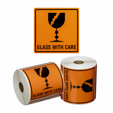 GLASS WITH CARE Printed Permanent Adhesive Label 99mm x 99mm x 500 Labels per roll MPH15020