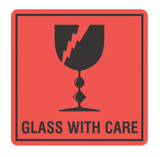 GLASS WITH CARE Printed Permanent Adhesive Label 99mm x 99mm x 500 Labels per roll MPH15020