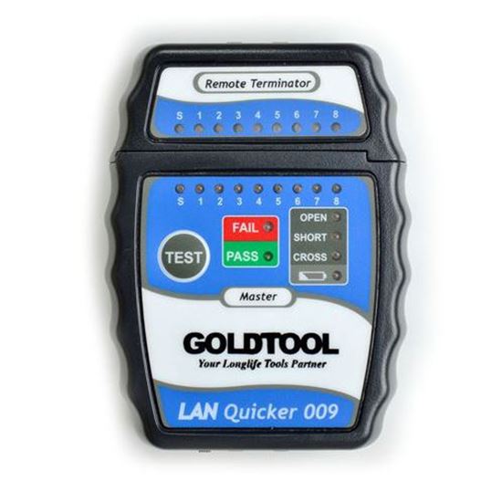 GOLDTOOL LAN Quick Tester. Test RJ45/UTP, RJ45 / STP Cabling. OPEN, SHORT & CROSS Test Functions. LED Indication Lights with Beep Sound Warning. Step/Auto Select Function. 9VBattery & Case Included CDTCT-009