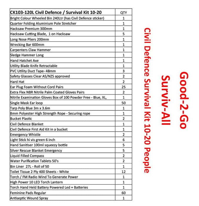 Good-2-Go Civil Defence Survival Kit in Wheelie Bin For Up To 20 People (Picture for reference only, check contents list) DTCK103-120L