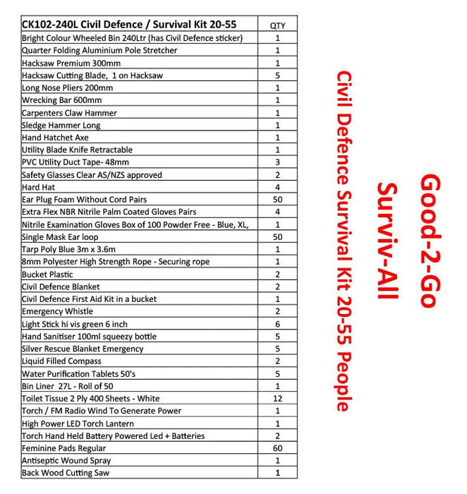 Good-2-Go Civil Defence Survival Kit in Wheelie Bin For Up To 55 People (Picture for reference only, check contents list) DTCK102-240L