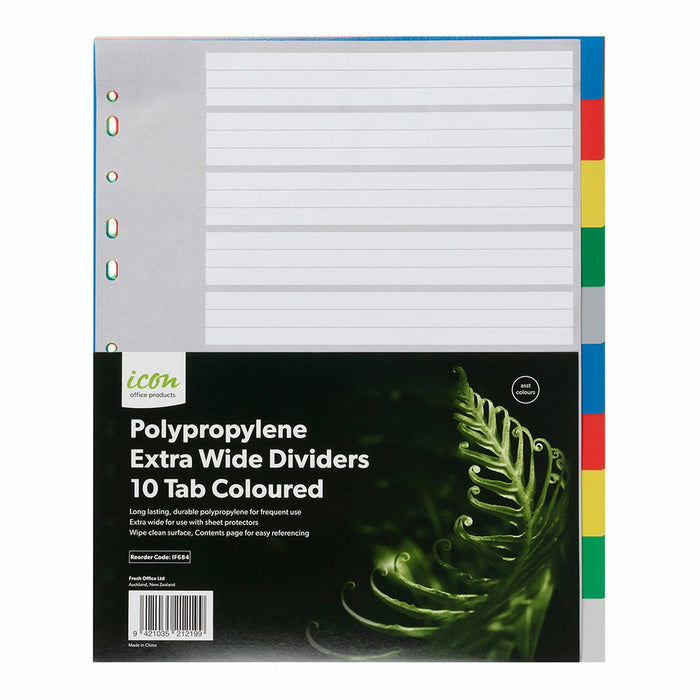 Icon A4 Polypropylene Extra Wide Indices 10 Tabs, Coloured FPIF684