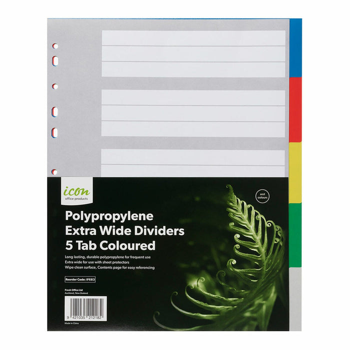 Icon A4 Polypropylene Extra Wide Indices 5 Tabs, Coloured FPIF683