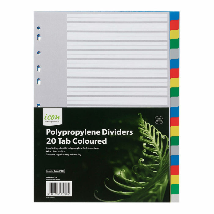 Icon A4 Polypropylene Indices 20 Tabs, Coloured FPIF682