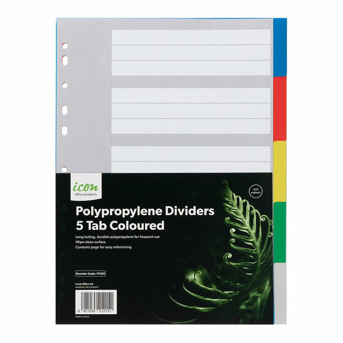 Icon A4 Polypropylene Indices 5 Tabs, Coloured FPIF680