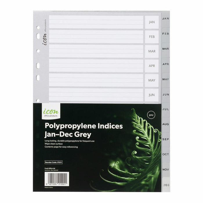 Icon A4 Polypropylene Indices Jan-Dec - Grey FPIF651