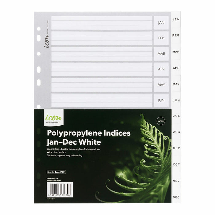 Icon A4 Polypropylene Indices Jan-Dec - White FPIF671