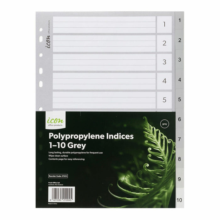 Icon A4 Polypropylene Indices Numbered 1-10 - Grey FPIF653