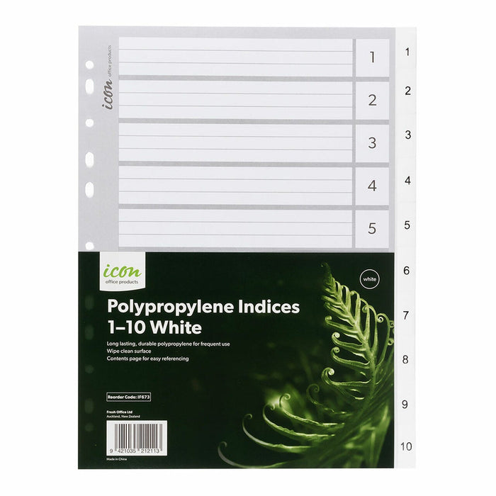 Icon A4 Polypropylene Indices Numbered 1-10 - White FPIF673