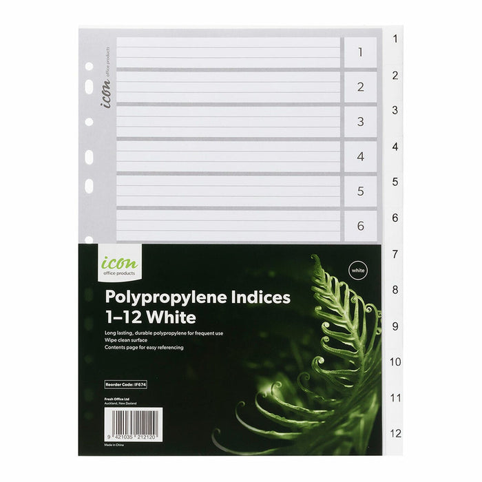 Icon A4 Polypropylene Indices Numbered 1-12 - White FPIF674