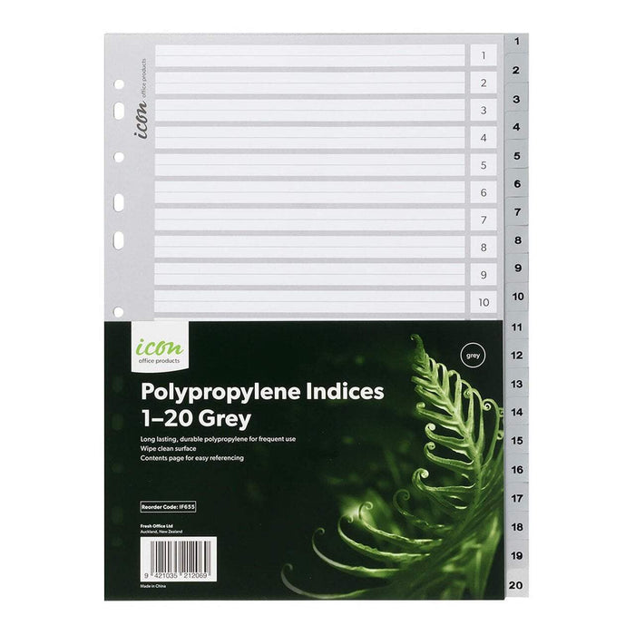Icon A4 Polypropylene Indices Numbered 1 - 20 - Grey FPIF655