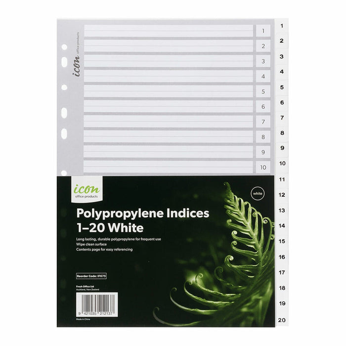 Icon A4 Polypropylene Indices Numbered 1-20 - White FPIF675