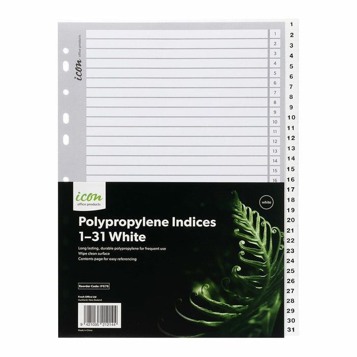 Icon A4 Polypropylene Indices Numbered 1 - 31 - White FPIF676