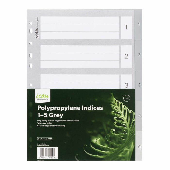 Icon A4 Polypropylene Indices Numbered 1-5 - Grey FPIF652