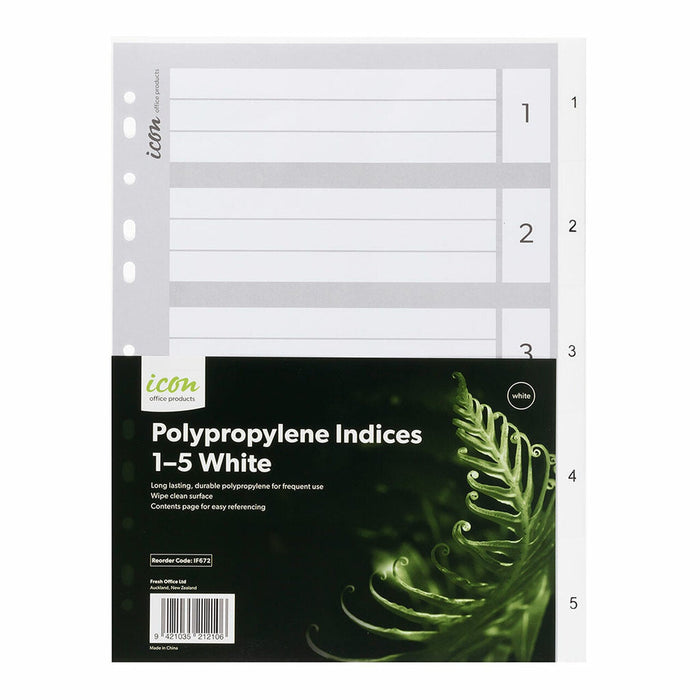 Icon A4 Polypropylene Indices Numbered 1-5 - White FPIF672