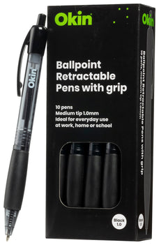 Icon Ballpoint Retractable Pen with Grip Medium Tip Black Pens x 10's pack FPIBPRGBLK