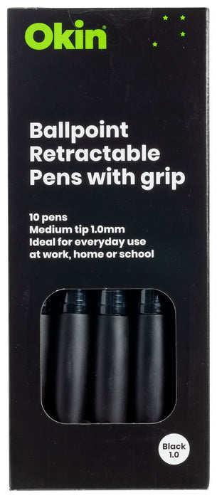 Icon Ballpoint Retractable Pen with Grip Medium Tip Black Pens x 10's pack FPIBPRGBLK