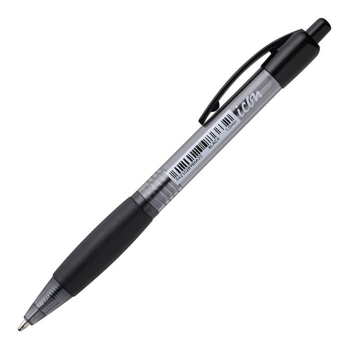Icon Ballpoint Retractable Pen with Grip Medium Tip Black Pens x 10's pack FPIBPRGBLK
