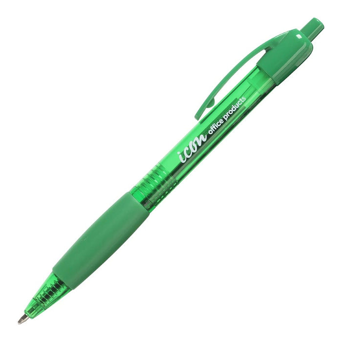 Icon Ballpoint Retractable Pen with Grip Medium Tip Green Pens x 10's pack FPIBPRGGRN