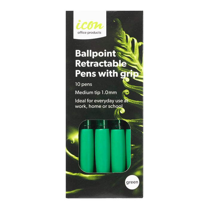 Icon Ballpoint Retractable Pen with Grip Medium Tip Green Pens x 10's pack FPIBPRGGRN