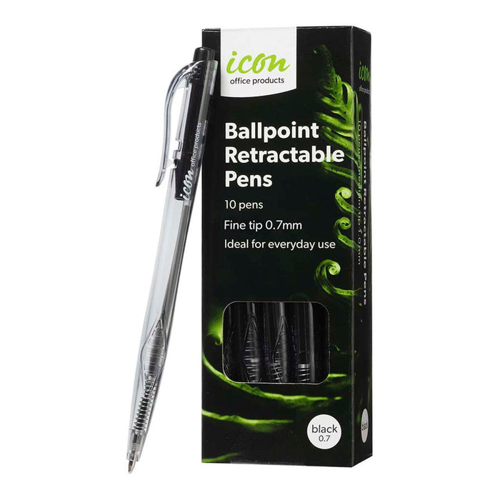 Icon Ballpoint Retractable Pens Fine Black, Pack of 10 FPIBPRFBLK10