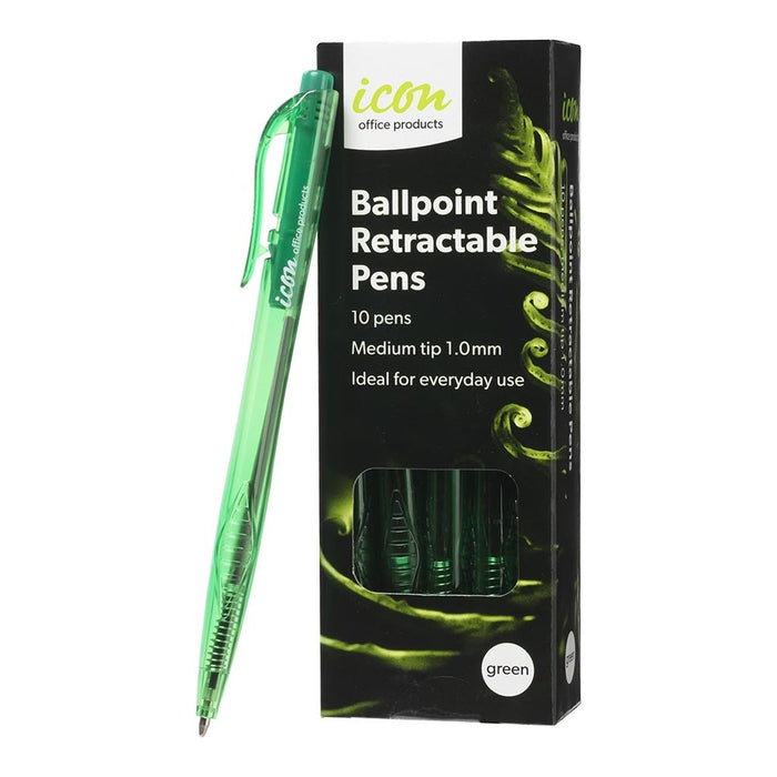 Icon Ballpoint Retractable Pens Medium Tip Green Pens x 10's pack FPIBPRGRN10