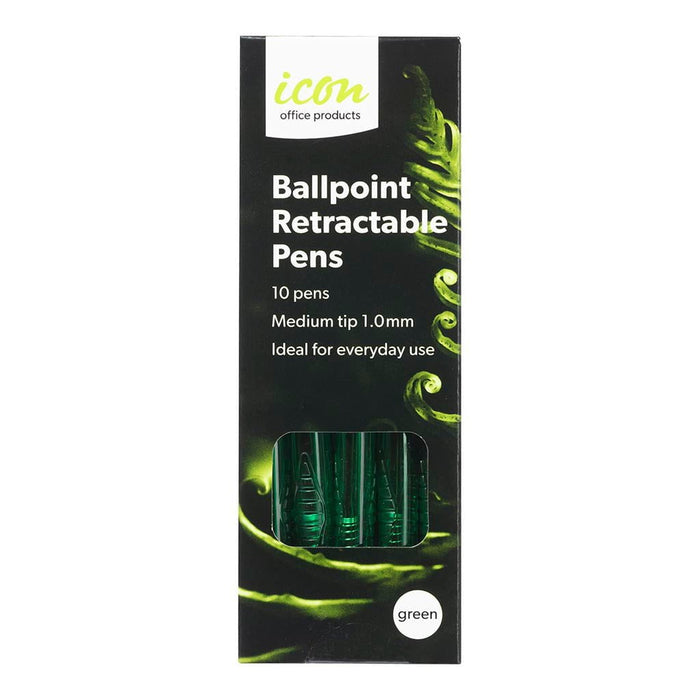 Icon Ballpoint Retractable Pens Medium Tip Green Pens x 10's pack FPIBPRGRN10