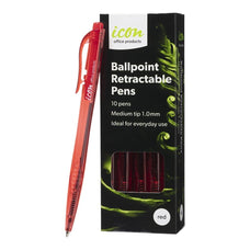Icon Ballpoint Retractable Pens Medium Tip Red Pens x 10's pack FPIBPRRED10
