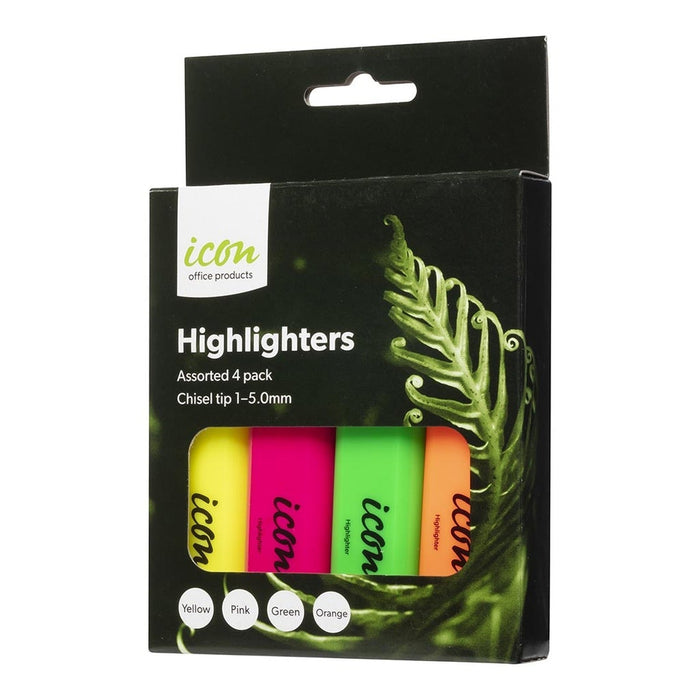 Icon Highlighter Chisel Tip Assorted Colours - 4's pack FPIHLASST4