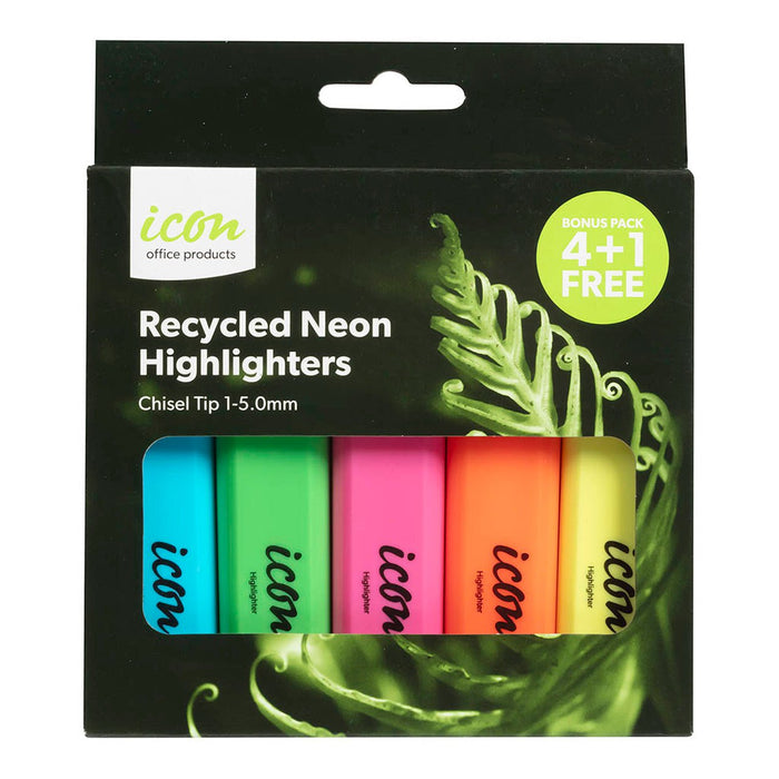 Icon Recycled Chisel Tip Neon Highlighter, 4+1 Bonus Pack FPIHLRASSTNB