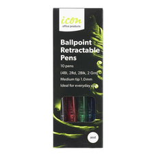 Icon Retractable Medium Tip Ballpoint Pen x 10's pack – Assorted Colours FPIBPRASST10