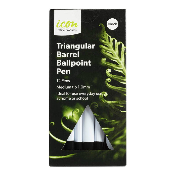 Icon Triangular Barrel Ballpoint Pen Medium Tip Black Pens x 12's pack FPITRIPENBLK