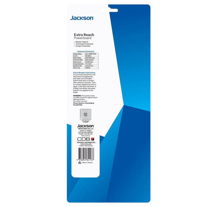 Jackson 4-Way Powerboard, Surge & Overload Protection, 3m Power Cord CDPT4113