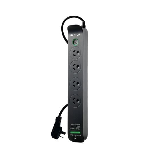 Jackson 4-Way Raptor Powerboard with Surge & Overload Protection. Push Button LED On/Off Indicator Switch, Rapid Charge 30W, USB-C PD, 17W USB-A, Surge Diagnostic LED CDRAP4