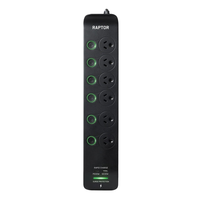 Jackson 6-Way Raptor Powerboard with Surge & Overload Protection, 6x Individual Push Button LED On/Off Indicator Switch, Rapid Charge 30W, USB-C PD, 17W USB-A CDRAP6S