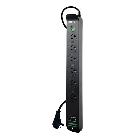 Jackson 6-Way Raptor Powerboard with Surge & Overload Protection, Push Button LED On/Off Indicator Switch, Rapid Charge 30W, USB-C PD, 17W USB-A, Surge Diagnostic LED CDRAP6