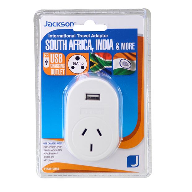 Jackson Outbound Travel Adaptor, 1x USB Charging Port, Converts NZ/AUS Plugs for use in South Africa & India CDPTA8812USB